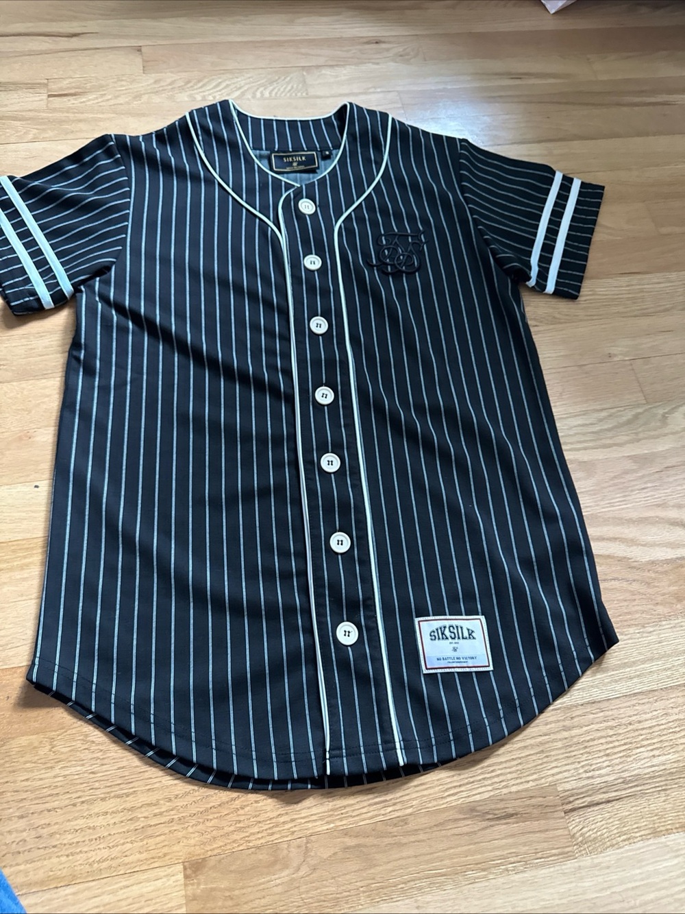 SikSilk Black Pinstripe Baseball Tee with Logo Patch